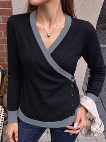 Plus Size Women Fall Winter Wrap V Neck Color Block Button Knit Sweater, Slim Fit Long Sleeve Pullover For Commute Date Daily Outing - Black - View 2