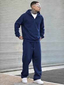 Men's 2 Pieces Set Half-Zip Hooded Sweatshirt And Straight Leg Sweatpants With Metal Drawstring, Casual Sports Outfit - Navy Blue - View 4