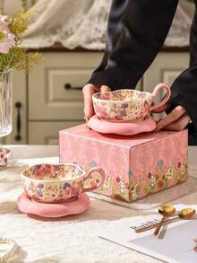 Elegant Lily Of The Valley Pattern Cup, Saucer And Spoon Set - Suitable For Coffee, Afternoon Tea, Home Use, Also An Ideal Gift For Holidays And Weddings - Multicolor - View 4