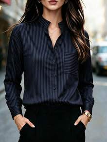Women's Autumn Striped Front Button Pocket Casual Shirt - Navy Blue - View 1
