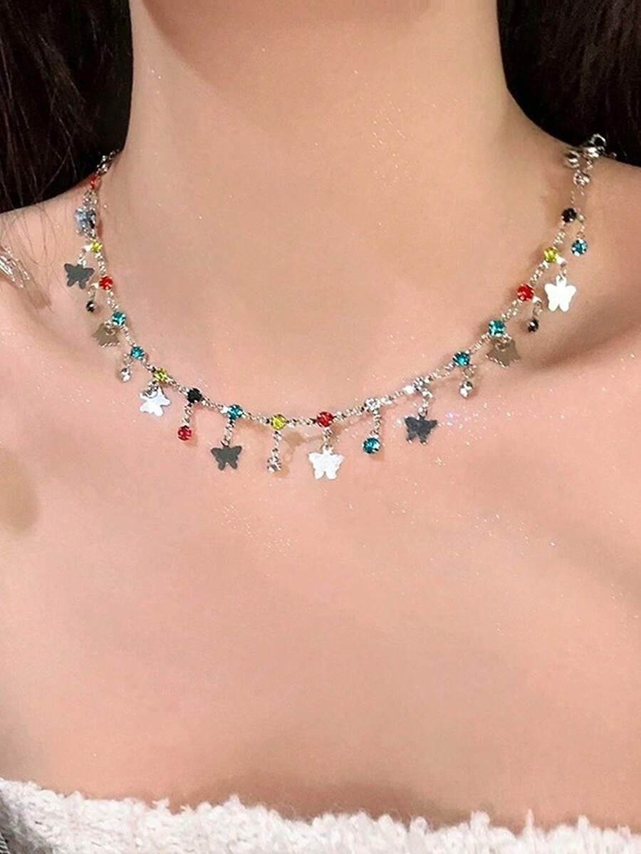 1pc Fashionable Summer Colorful Butterfly Chain Rhinestone Necklace For Women, Butterfly Pendant Chain (Rhinestone Color Combination Random) - Multicolor - View 1
