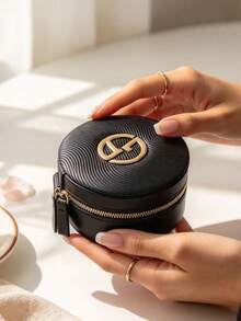 Armani Round Cosmetic Bag Portable Travel Makeup Storage Case Zipper Jewelry Box For Women Gift - Black - View 6