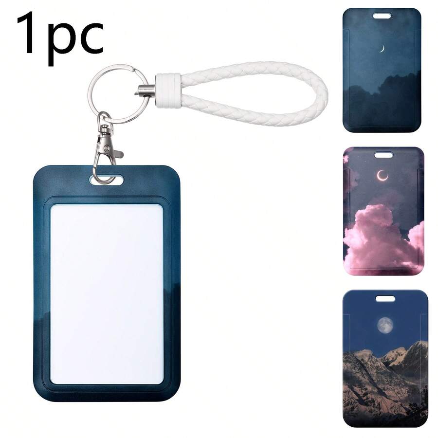 1pc ID Card Badge Holder Key Chain With Metal Keyring, Plastic Slide Open With ID Window For Women Men Girls Students, Cloud & Moon Pattern, Christmas - A - View 1