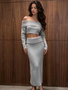 QUNGIGU Women Old Money Style Two Pieces Set Off Shoulder Ribbed Top Knit Straight Skirt Apparel For Dinner Party Going Out Dating Fall Winter - Grey - View 3