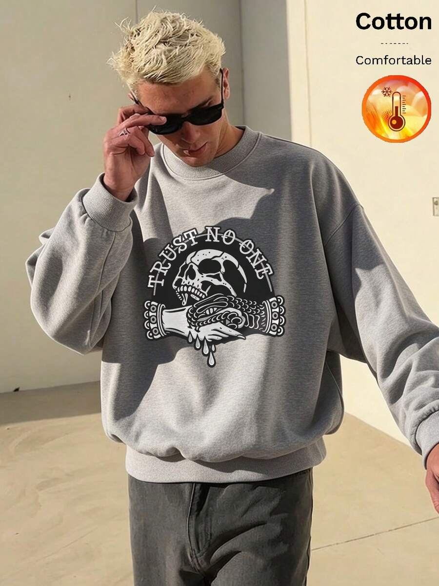 Men's Fleece Crew Neck Sweatshirt With Skull & Text Print, Y2K Style, Autumn/Winter - Heather Gray - View 1