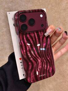 奢華豹紋四色拼接波浪斑馬條紋手機殼，適用於 iPhone 18 Pro Max 18 Pro 17 Pro Max 17 Pro 17 Air 17 12 13 14 15 16 Pro Max 14 Plus 15 Plus 16 Plus 11 17 16 15 14 13 12，亮面保護殼 - 梅子色 - 查看 2
