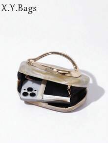 Women Evening Bag Clutch Metal Handle Buckle Acrylic Bridal Wedding Chain Handbag Party Ball Banquet - Apricot - View 5