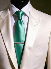 1 Set 8cm Solid Color Satin Men's Business Fashion Versatile Tie And Tie Clip Accessories, Suitable For Work, Interview, Wedding, Party, Gathering, Family Dinner, Daily Wear - Teal Blue - View 2