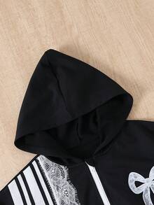 Girls' Colorblock Lace Striped Bow Zipper Hooded Jacket, Autumn Casual Long Sleeve Hoodie - Black - View 3