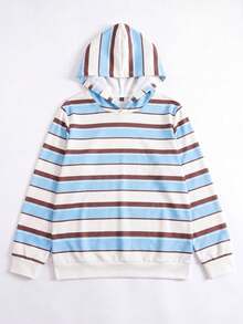 1pc Teen Girls Blue Brown White Colorblock Striped Sweatshirt, Korean Style Unisex Loose Casual Pullover Sweatshirt, Suitable For Spring And Autumn - Blue - View 3