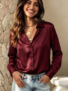 Women's Solid Color Satin Shirt, Lapel Collar Long Sleeve Front Button-Up Blouse, Suitable For Business, Office, Commute, Home, Vacation, Spring, Autumn, Winter - Red - View 3