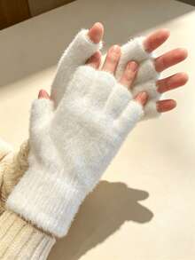 3pcs Set Casual Cute Party Polyester Jacquard Fuzzy Soft Knit Half-Finger Gloves For Outdoor, Casual, College, Spring/Autumn Study, Winter - White - View 7