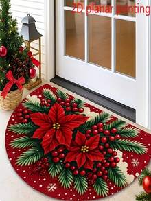1pc Christmas Red Poinsettia & Snowflake Welcome Doormat - Semi-Circular Christmas Door Mat With Green Holly Berry Border, Velvet Material Machine Washable Soft Rug Suitable For Front Door, Porch, Kitchen, Living Room, Bathroom - Easy To Clean Home Holiday Decor, Christmas Decoration Carpet - A - View 3