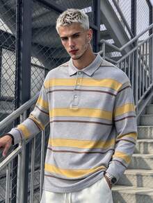 Men's Spring/Autumn Grey & Yellow-Brown Striped Long Sleeve Polo, American Vintage Loose Fit Rugby Casual Shirt - Yellow - View 3