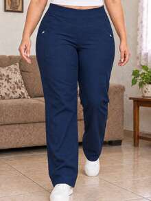 Pantalón casual de vestir para mujer curvy plus size talla extra grande cintura alta corte semirecto al tobillo tela elástica y bolsillos laterales ajuste favorecedor estilo casual elegante - Marino Liso - Ver 4