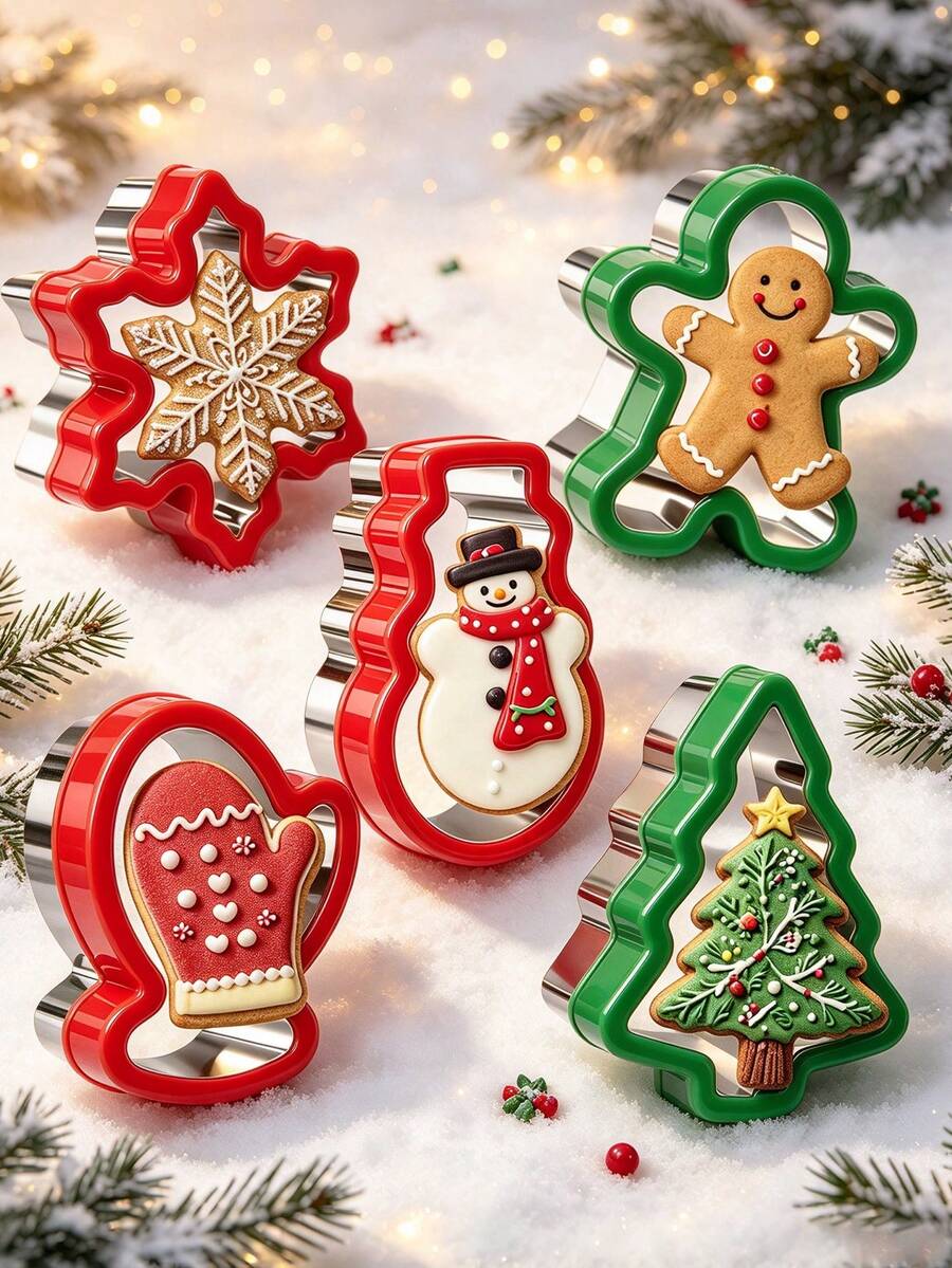 5pcs/8pcs Christmas Cookie Cutter Set, Holiday Cookie Cutters With Comfortable Grip, Stainless Steel Baking Molds, Christmas Shapes Including Santa, Gingerbread Man, Christmas Tree, Stainless Steel Sandwich Cutter, Baking Tools Set - Multicolor - View 1