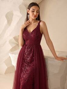 Elegant Mermaid Style Formal Evening Gown, Women's Sleeveless V-Neck Contrast Color Sequin Mesh Party Dress, Suitable For Prom, Wedding Guest, Graduation Ceremony, Autumn - Burgundy - View 4