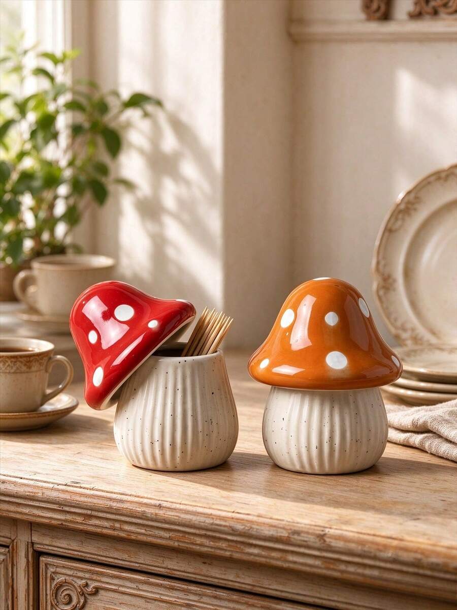 1pc Cute Red & White Polka Dot Mushroom Ceramic Storage Jar, Decorative Mushroom Canister, Small Lidded Porcelain Container, Vintage Home Desktop Decor, Suitable For Kitchen, Bedroom, Living Room, Housewarming Gift - View 1