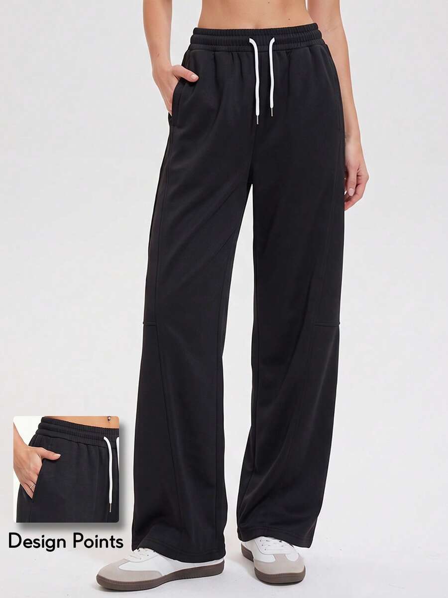 KyrLssu Women's Colorblock Drawstring Wide Leg Sweatpants, Black Loose Fit Long Pants, Suitable For Daily Wear - Black - View 1