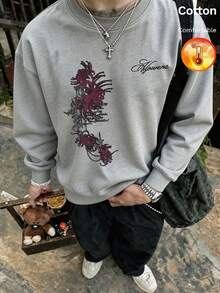 Men's Thermal Lined Crew Neck Sweatshirt With Printed Text Decoration, Y2K Style, Autumn/Winter - Heather Gray - View 3