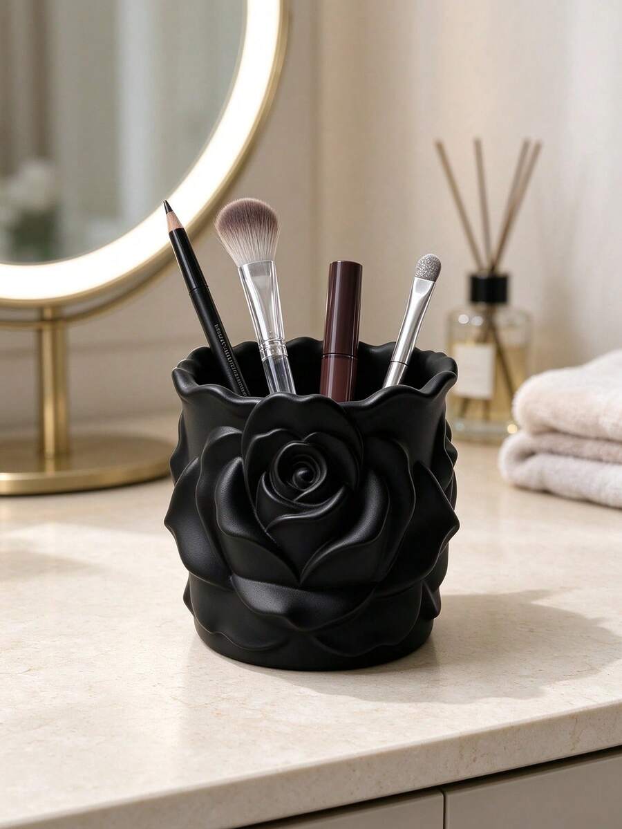 3D Printed 3D Rose Relief Pen Holder, Full Circle Surrounded By Plump Rose Flower Design, Matte Texture, Large Capacity Storage For Various Pens, Minimalist Elegant Decoration For Office Desk
