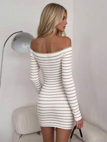 Women's Off-Shoulder Horizontal Striped Knit Bodycon Mini Dress, Minimalist Sexy Style Sexy Shoulder-Baring Dress - Apricot - View 4