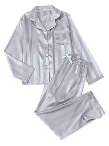 2pcs Satin Striped Pajama Set, Sweet And Cute Lapel Button Long Sleeve Top And Pants, Women's Sleepwear And Loungewear For Home Use - Grey - View 3