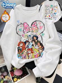Start Women's Fun Disney Princess Print Loose Crew Neck Sweatshirt Autumn Winter, Streetwear Retro Y2K White Fleece Lined Plus Size Pullover - White - View 1