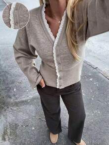 Women's New V-Neck Knit Cardigan, Autumn/Winter, Casual, Academic, Commute - Light Oatmeal - View 1