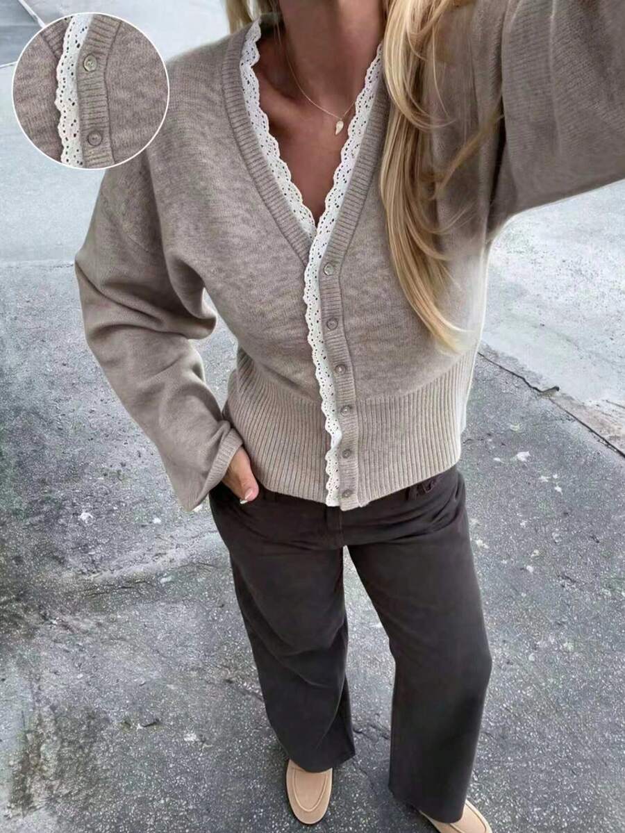 Women's New V-Neck Knit Cardigan, Autumn/Winter, Casual, Academic, Commute - Light Oatmeal - View 1