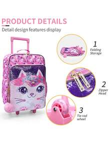 Girs Wheeled Suitcase, Pink Double-Sided Cartoon Kitty Cat Sequins Design, Carry-On Suitcase, Suitable For Weekend Vacation, Nighttime Reflective. - Pink - View 6