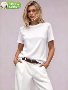 100% Pure Cotton Women's T-Shirt, White Short Sleeve, Spring/Summer/Autumn Casual Wear - White - View 11