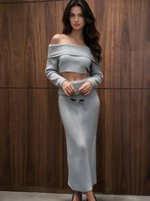 QUNGIGU Women Old Money Style Two Pieces Set Off Shoulder Ribbed Top Knit Straight Skirt Apparel For Dinner Party Going Out Dating Fall Winter - Grey - View 4