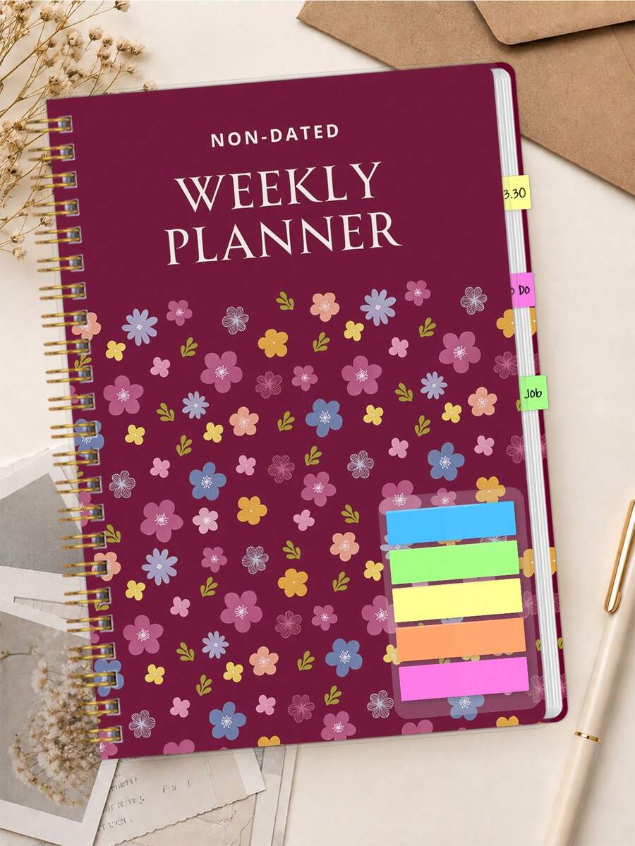 1pc Non-Dated Weekly Planner, Floral Cover Weekly & Monthly Schedule Book With Gold Twin-Wire Binding For Goals, Work & Study, Office Desk Accessories, Bible Study Materials, Christmas Gifts - Rectangle - View 1