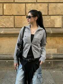 Cardigan Rajut Bergaris dengan Detail Saku, Kerah, Lengan Panjang, Kancing Depan, Potongan Reguler, Cardigan Sweater Musim Gugur Abu-abu, Atasan Kasual Elegan untuk Berlapis - Grey - View 4