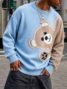 Cute Bear Cartoon Pattern Knitted Sweater, Color Block Design, Neutral Round Neck Loose Casual Pullover - Blue - View 1