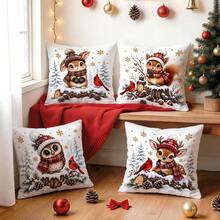 4pcs Forest Animals Christmas Pillow Covers, Rabbit Squirrel Owl Deer Cardinal Bird Print Pattern, Single-Sided Printed Pillow Covers/Cushion Covers, Multi-Scene Atmosphere Decoration Pillow Covers Suitable For Living Room Sofa Bedroom, Pillow Insert Not Included - Multicolor - View 10