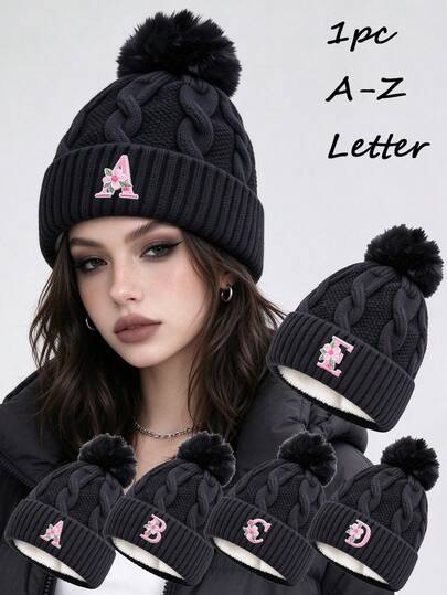 1pc Women's Letter Fleece Lined Cable Knit Beanie Hat With Pom Pom,Warm Thickened Winter Hat For Outdoor Wear,Cold Weather,Autumn/Winter