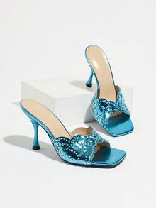 Women's Fan-Shaped Sequin Sandals, Square Toe Sexy Open Toe, Fashionable High-End Evening, Romantic Date Wedding Party Mule Shoes, Blue High Heels - Mint Blue - View 5