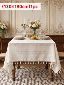 1pc Beige French Vintage Striped Tassel Tablecloth, Lightweight Breathable Dust-Proof Cover, Suitable For Dining Room, Living Room, Picnic, Holiday Party, Home Daily Decoration - Beige - View 9