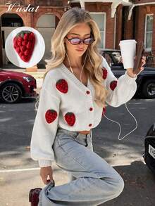 Vuslab Ladies Autumn Cute Sweet Contrasting Cream Ice Cream Short Sweater Cardigan Jacket, Back To School, Out, Christmas, Commuting - White - View 1