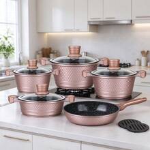 11PCS Rose Gold Diamond Embossed Die-Cast Aluminum Non-Stick Cookware Set With Glass Lids, Induction Compatible Kitchen Cooking Pots And Pans Gift Set - View 9
