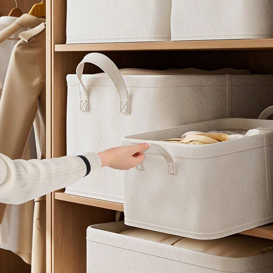 Beige Foldable Dual Handle Storage Basket, Suitable For Wardrobe/Bedroom/Office/Under Bed, Organizes Clothes, Toys, Miscellaneous Items, Space-Saving.