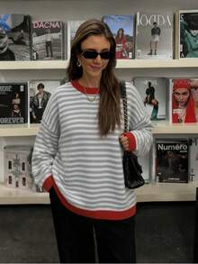Plus Size Women 2026 Must Have Fall Winter Striped Knit Round Neck Long Sleeve Color Block Striped Knitted Fashion Chic Daily Going Out Loose Knitted Sweater - Grey - View 9
