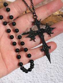 2pcs Vintage Gothic Black Beaded Cross & Flame Cross Necklace Set For Men - Black - View 3