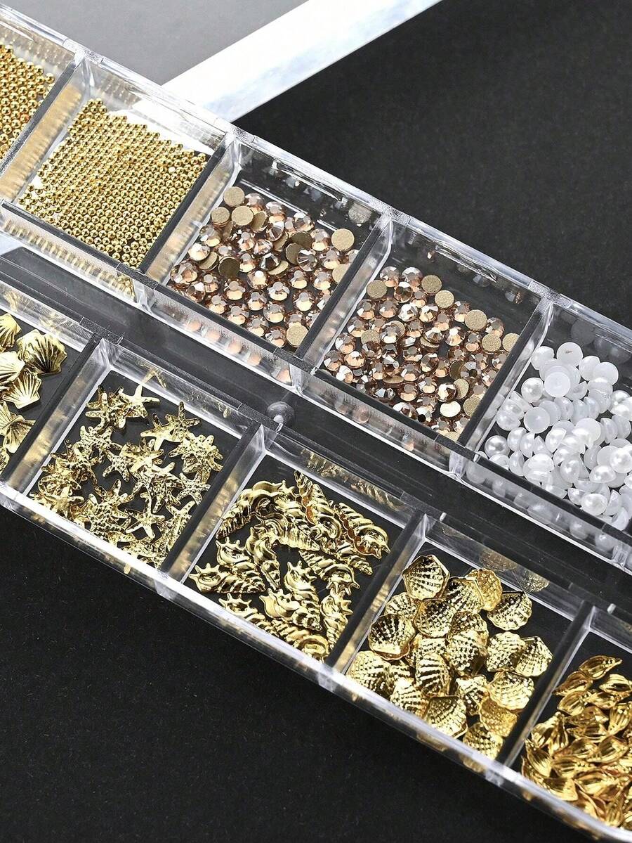 12 Grid 3D Caviar Beads Rhinestone Ocean-Inspired Nail Art Charms - 12 Sizes Set With Alloy Shell, Abalone, Seahorse, Starfish, Conch & Faux Pearl Beads For Diy Manicure Nail Supplies Nails Nail Gems - Multicolor - View 1