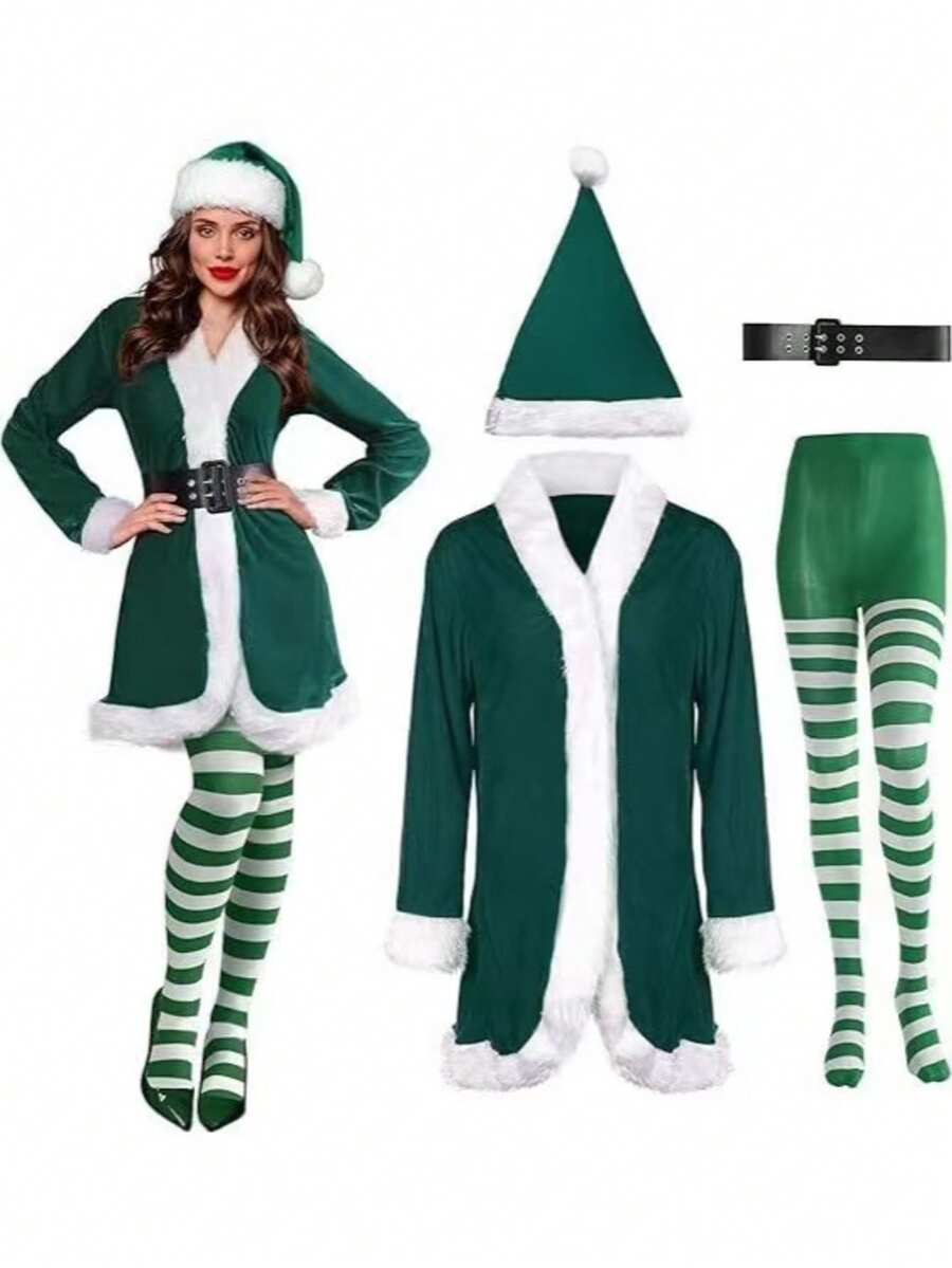 4pcs Mrs. Claus Costume Women's Christmas Dress Set Role Play Velvet ...