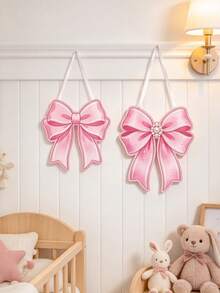 1pc Pink Wooden Wall Hanging Decor, Ribbon & Pearl Rope Braided, Kids Room Girls Room Decoration, Nursery Decor, Baby Essentials - Multicolor - View 5