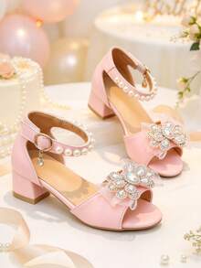 1 par de sandalias de tacón grueso rosa, PU suave + decoración de strass iridiscente multicapa, punta redonda, punta abierta, suela plana antideslizante, diseño de una correa con cierre de gancho y bucle, estilo princesa lindo y de moda, tacones altos para fiesta, adecuado para actuaciones escolares, cumpleaños - Rosa - Ver 2