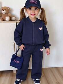 Young Girl Heart Print Baseball Collar Zip-Up Jacket And Pants Casual Set - Royal Blue - View 1